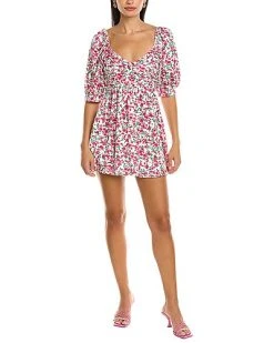 70/21 Bubble Sleeve Retro Print Mini Dress Women